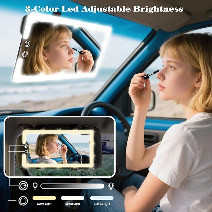Upgraded Large Led Car Vanity Mirror with Solar&USB-C Charging,10" Sun Visor Mirror with 3-Color Dimmable Rechargeable LED Lights,Car Makeup Mirrors with Secure Reinforced Flexible Mount