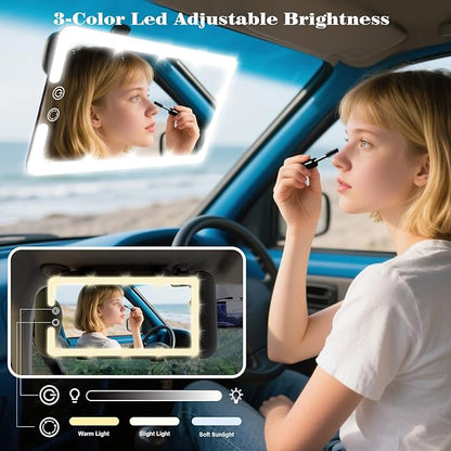 Upgraded Large Led Car Vanity Mirror with Solar&USB-C Charging,10" Sun Visor Mirror with 3-Color Dimmable Rechargeable LED Lights,Car Makeup Mirrors with Secure Reinforced Flexible Mount