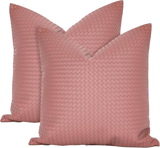 Faux Leather Throw Pillow Cover 18X18 Inch Set of 2 Woven Pink Outdoor Modern Farmhouse Solid Decorative Pillow Covers for Room Couch Living Bedroom Bed Sofa