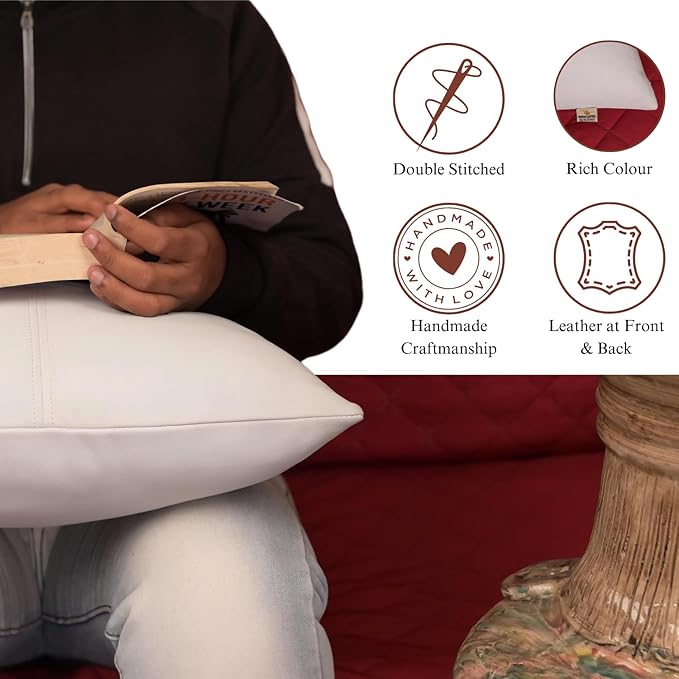 Lambskin Leather Pillow Cover, Hand Panel Stitched Leather Decorative Throw Pillow Covers for Couch Sofa Bed Living Room Garden (16x16 Inches, White Pack of 2)