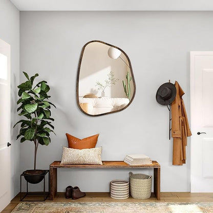 Asymmetrical Mirror Irregular Oval Wall Mirror Modern Wood Frame Unique Shape Wall Mounted Vanity Artistic Mirror Decorative for Living Room Bedroom Bathroom Entryway Hallway 20"x16"
