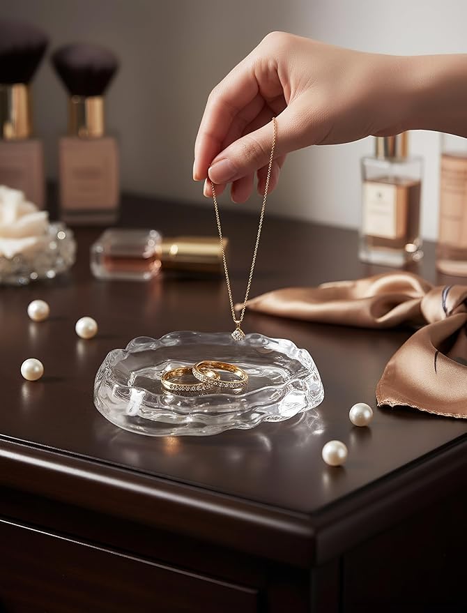 NiHome Clear Glass Jewelry Tray, Ring Dish and Trinket Holder for Women, Gift for Birthday, Anniversary, Christmas, or Valentine’s Day, Decorative Organizer for Vanity, Bathroom, or Bedroom