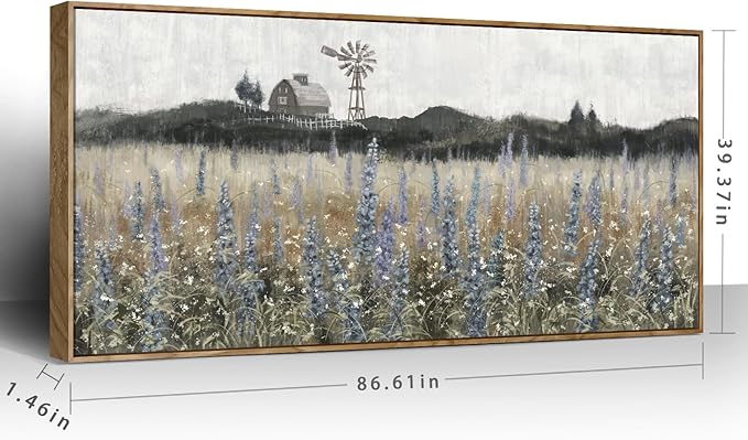 Nicetop Extra Large Vintage Framed Wall Art Nature Wilderness Lavender Flower Meadow Landscape Retro Farmhouse Windmill Barn Wildflower Canvas Print Oversized Artwork for Living Room Office 86x 39inch