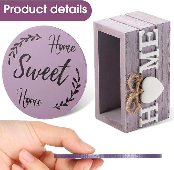 Queekay Coasters Set of 6 House Warming Gifts New Home Wooden Farmhouse Drink Coasters with Holder 4'' Funny Decoration for Kitchen Family Coffee Bar Tabletop Protection(Purple)