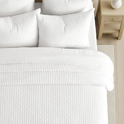 EVERGRACEHOME Cross Stitch Pre-Washed Cotton Quilt Bedding Set Queen Size, Oversized 3 Pieces Lightweight Bedspread Coverlet for All Season, with 2 Matching Shams, Bright White, 92"x96"