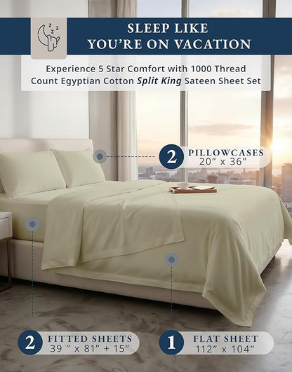 LANE LINEN 100% Egyptian Cotton Split King Sheets for Adjustable Beds - 1000 Thread Count, 15' Extra Deep Pocket Split King Sheets, Naturally Temperature Regulating Cooling Fade Resistant -Linen