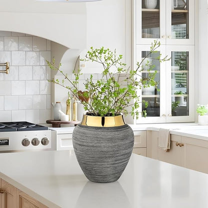 Rustic Ceramic Vase with Gold Rim – 9.4" Decorative Flower Vases for Living Room, Dining Table Centerpiece & Shelf Décor – Modern Farmhouse, Boho & Contemporary Home Accents