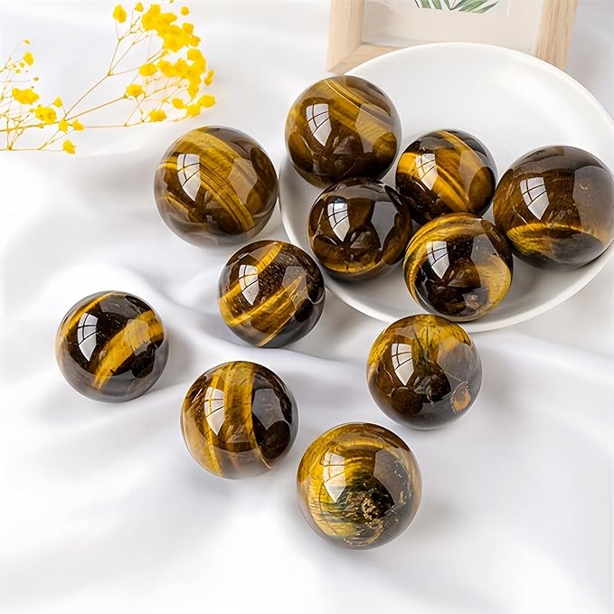 Natural Clear Quartz Crystal Sphere with Stand，5PC Real Crystals Ball, Clear Quartz Small Ball Decor (Tiger Eye Ball)
