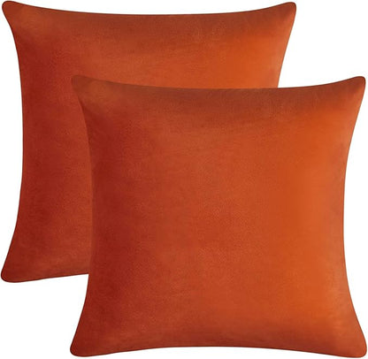FEVERQIYI Velvet Pillow Covers Set of 2 Throw Sham Pillowcase Soft Solid Decorative Cushion Covers for Bedroom Living Room Outdoor Indoor Decoration, Orange, 24"x24"
