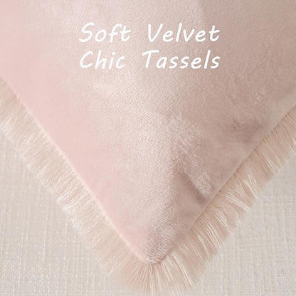 FUTEI Pink Velvet Decorative Throw Pillow Covers 24x24 Set of 2,Soft Cozy Edge with Tassels European Cushion Case,Boho Modern Home Decor for Couch Bed Living Room