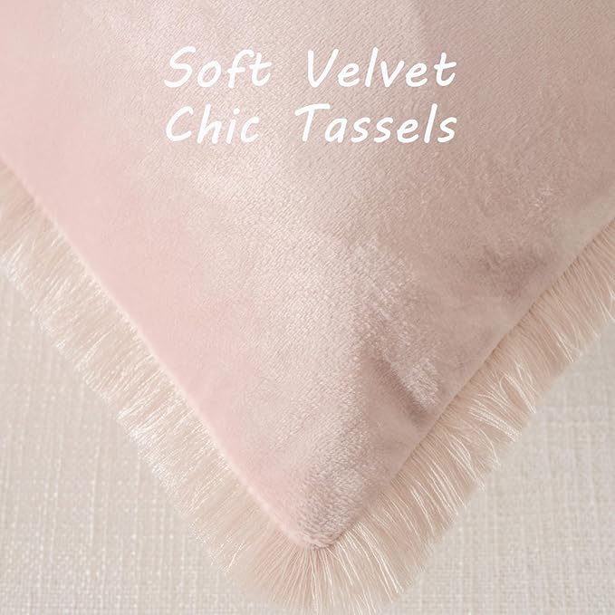 FUTEI Pink Velvet Decorative Throw Pillow Covers 22x22 Set of 2,Soft Cozy Edge with Tassels Cushion Case,Boho Modern Home Decor for Couch Bed Living Room