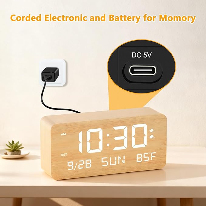 Wooden Digital Alarm Clock for Bedroom -Desk Clock with Date, Day of Week, Temperature, Dual Alarms, Dimmer, USB Port Charge, DST, Adjustable Volume for Living Room/Office Wood Decor (Bamboo)
