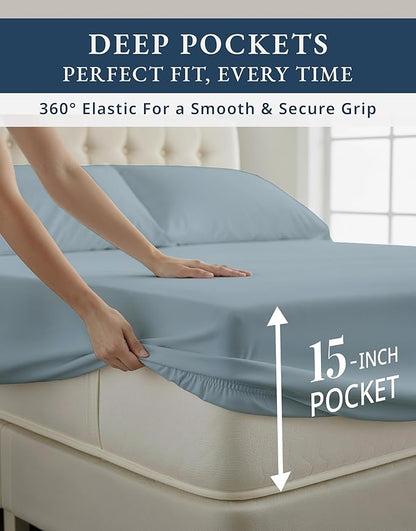 LANE LINEN 100% Egyptian Cotton Split King Bed Sheets for Adjustable Beds - Mercerized Cotton, Sily Finish, No Pill Fade Resistant Split King Bedding Sheets & Pillowcases - French Blue