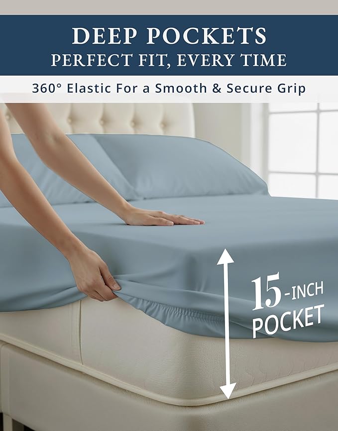 LANE LINEN 100% Egyptian Twin XL Sheets Set, Soft & Comfy Thick Fully Elasticized Mercerized Cotton Twin Extra Long Sheet Set, No Pill Fade Resistant Elegant Twin XL Bed Sheets - French Blue
