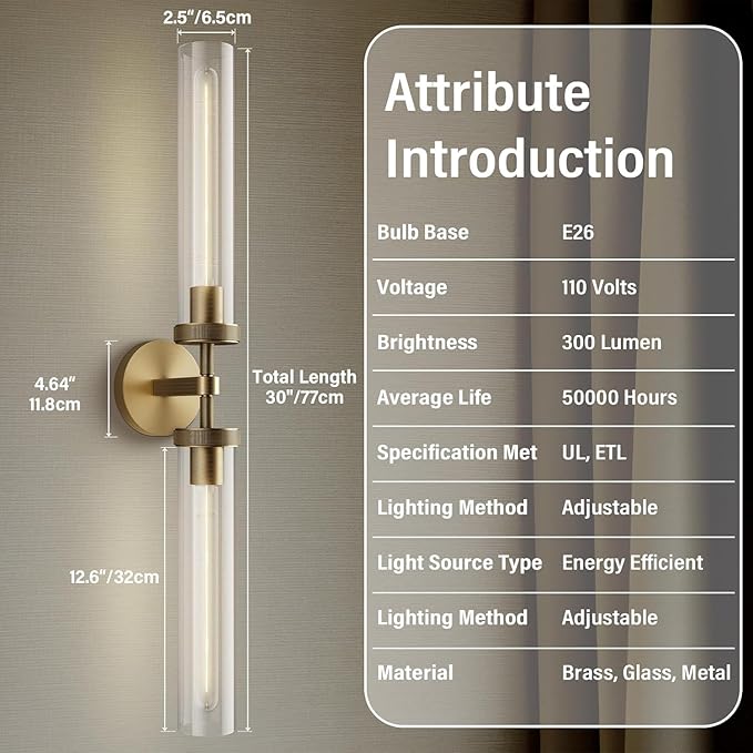 Brass Wall Sconces Set of 2, Bathroom Sconces Wall Lighting, Gold Sconces Wall Lighting with Clear Glass Wall Lamp,Wall Mount Lamps Wall Lights for Vanity Light Bedroom Living Room Hallway