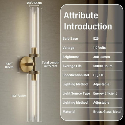 Brass Wall Sconces Set of 2, Bathroom Sconces Wall Lighting, Gold Sconces Wall Lighting with Clear Glass Wall Lamp,Wall Mount Lamps Wall Lights for Vanity Light Bedroom Living Room Hallway