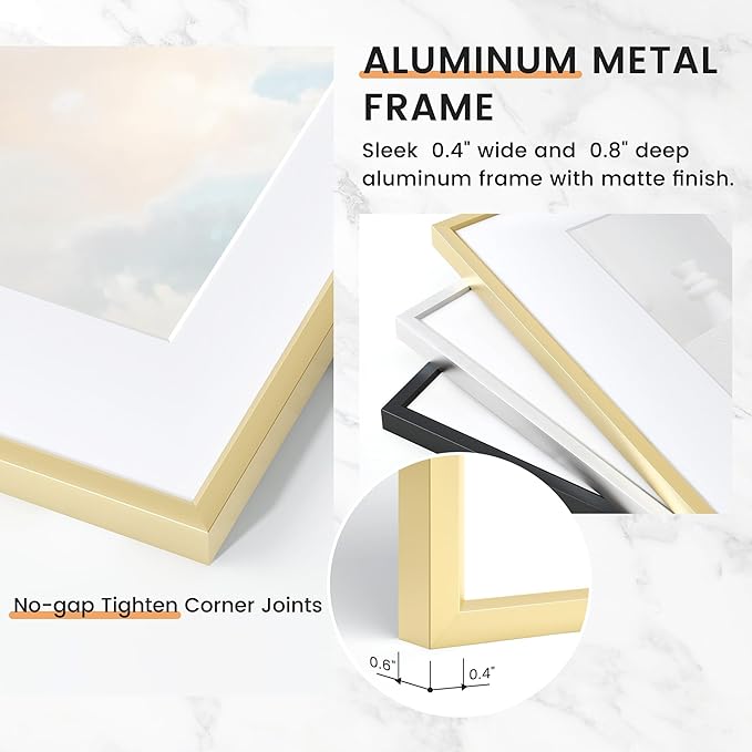 11x14 inch Metal Picture Frame - 11 x 14 Thin Aluminum Photo Frames with 8x10 Removable Mat - High Definition Plexiglass - Vertical and Horizontal Display - Wall Hook Hanging Hardware Included - Gold, Set of 1