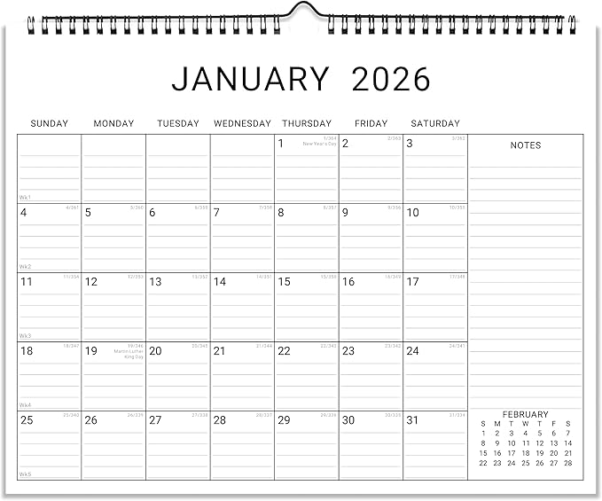 2026 Wall Calendar, 12 Month 14.8”x11.5” Year Monthly Organizer from January 2026-2027 Horizontal Blank Simple Spiral Bound Wire Hanging Calendar w/ Lines for Family, Home, Kitchen, Office White1
