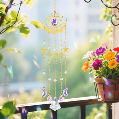 Crystal Suncatcher, Sun and Moon Suncatcher for Windows Hanging Indoor Outdoor, Prisms Rainbow Maker Home Garden Backyard Room Decor for Valentines's Mother's Day Birthday Housewarming Gift