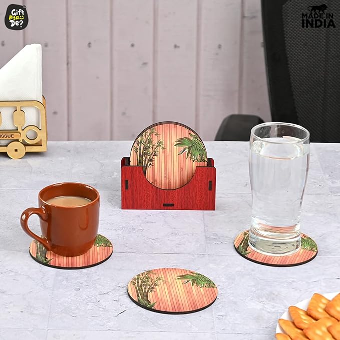 GKD Wooden Coasters for Drinks, MDF Wooden Coasters Set of 6 with Holder, 3.5 inches Eco-Friendly Absorbent Coaster for Coffee Table, Office, Bar, Drinking Glasses, Tabletop Protection