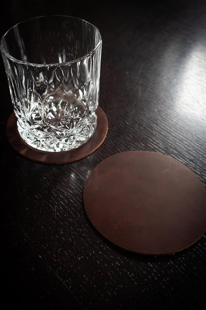 Real Natural Grain Leather Coasters – Durable Non-Slip Distressed Design, Set of 6 for Table Protection in Home, Office, Kitchen, and Bar (Mocha)