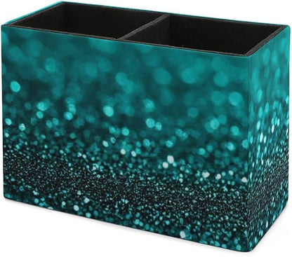 Fashion Desk Pen Holder PU Leather Desk Organize Decor, Makeup Brush Storage Teal Turquoise Green Glitter Sparkle Texture