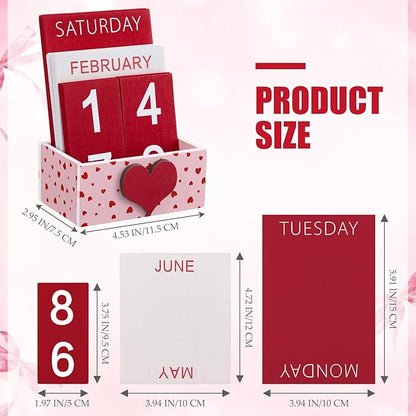 Heart Wood Block Perpetual Calendar Valentine's Day Desk Decor Cute Month Week Date Display Decorative Block Calendar for Women Office Home Desk Gift for Women