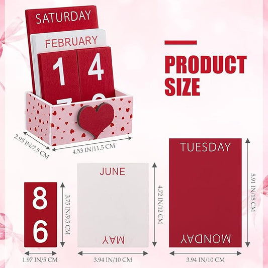 Heart Wood Block Perpetual Calendar Valentine's Day Desk Decor Cute Month Week Date Display Decorative Block Calendar for Women Office Home Desk Gift for Women