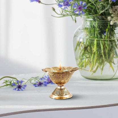 Shubhkart Solid Brass Engraved Floral Oil Lamp Diya for Puja & Other Religious Rituals|Deepak|Home Décor, Office & Temples | Festive Gifts