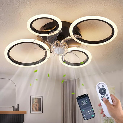HuixuTe 26" Geometric Ceiling Fan with Lights Remote Control, 3 Colors, 6 Speeds, Bladeless, Low Profile for Kitchen, Bedroom