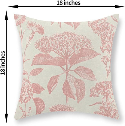 Pink Pillow Covers 18x18 Set of 2 Boho Floral Throw Pillow Cover Hydrangea Herbs Botanical Decoration Pillowcase Farmhouse Vintage Flower Linen Cushion Case Outdoor Decorative for Couch Sofa