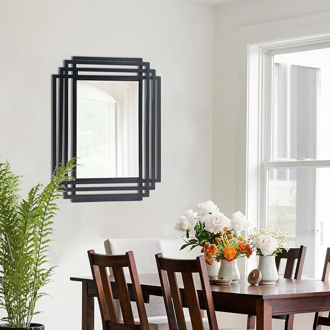 Rectangle Vanity Mirror, 24"x18" Geometric Art Deco Mirror with Metal Frame, Modern Elegant Wall Mirrors for Living Room Bathroom Bedroom Entryway, Hangs Vertically or Horizontally