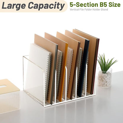 SANRUI Acrylic File Organizer, Clear Magazine File Holder Desk Organizer for Office Organization and Storage with 5 Vertical Compartments, Desktop Bookshelf for Home Office Organization