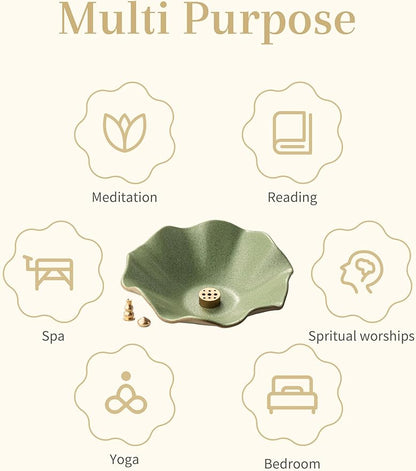 Incense Holder with 3 Incense Sockets 6 Inch Incense Burner 4 in 1 Insence-Stick Holder Lotus-Shaped Bowl Incense Holder for Sticks Modern Incense Cone Burner for Yoga, Green