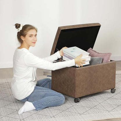 Joveco 24" Linen Storage Ottoman Bench with Wheels, Rectangle Foot Rest Stool for Living Room, Bedroom, Entryway, Earthy Light Brown Veining