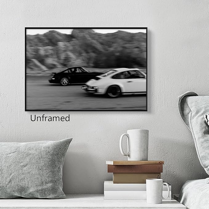 Black and White Photography Canvas Wall Art, Race Cars Aesthetic Poster, Trendy Classic Car Racing Photo Print Gift for Timeless Speed Enthusiasts, Man Cave Bedroom Wall Decor 16x24in Unframed