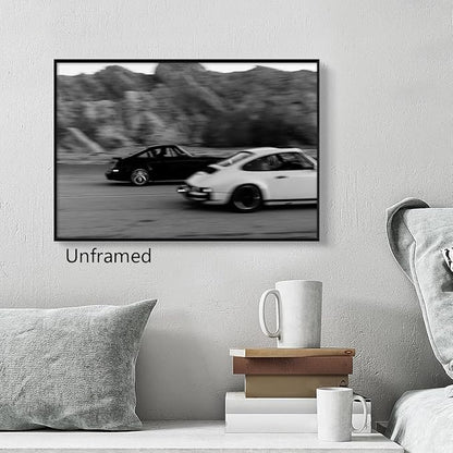 Black and White Photography Canvas Wall Art, Race Cars Aesthetic Poster, Trendy Classic Car Racing Photo Print Gift for Timeless Speed Enthusiasts, Man Cave Bedroom Wall Decor 24x36in Unframed