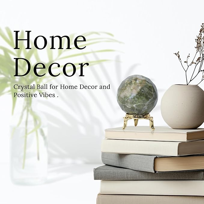 Crocon 50mm Vesuvianite diamond cut Stone sphere Ball with Metal Stand 1400+ Carats Gemstone Ball Healing ornament rock Sphere Sculpture Figurine for Fengshui Divination Crystal Home Decor Photography