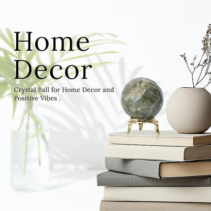 Crocon 50mm Vesuvianite diamond cut Stone sphere Ball with Metal Stand 1400+ Carats Gemstone Ball Healing ornament rock Sphere Sculpture Figurine for Fengshui Divination Crystal Home Decor Photography
