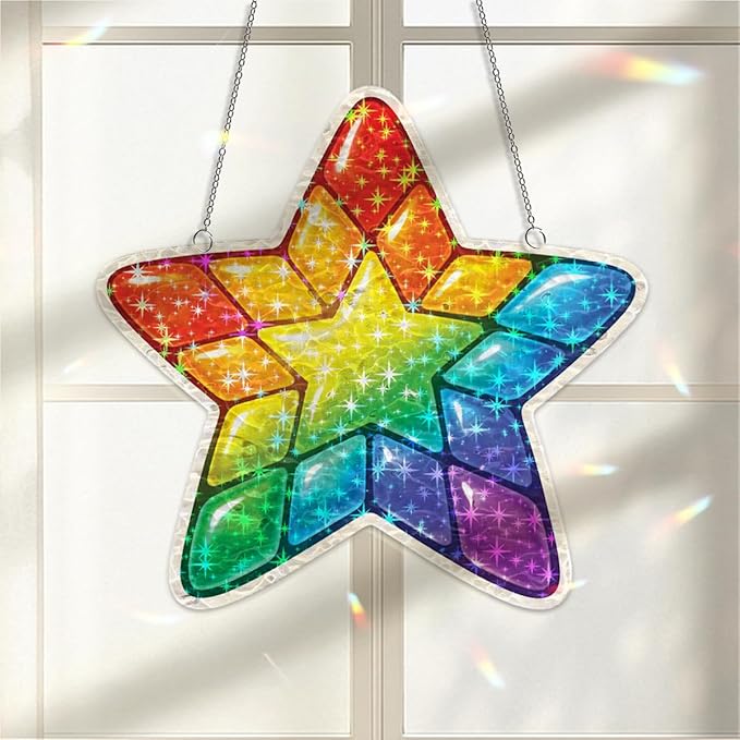 Vibrant Star Mosaic Acrylic Suncatcher, Window Hanging Sun Catcher Ornament, Crystal Prism Light Catcher Decor, Sunlight Window Decor, Aesthetic Home Decor Gift