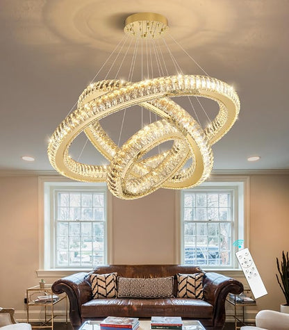 3 Rings Chandelier Modern Dimmable High Ceiling Large Ring Chanderliers Entryway Crystal Pendant Lights for Entryway Foyer Living Room Gold Light
