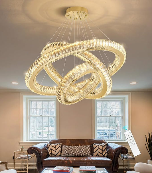 3 Rings Chandelier Modern Dimmable High Ceiling Large Ring Chanderliers Entryway Crystal Pendant Lights for Entryway Foyer Living Room Gold Light