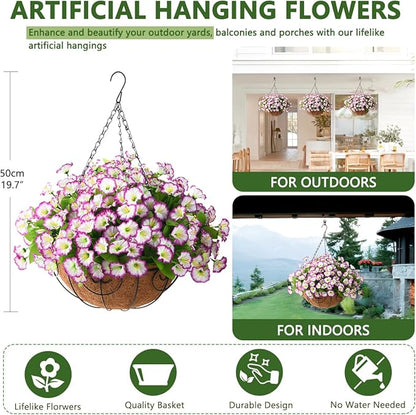 Homsunny Artificial Hanging Flowers in Basket,12 inch Silk Flower Coconut Lining Hanging Baskets,Fake Hanging Plants in for Outdoors Indoors Courtyard Decor(Light Purple)