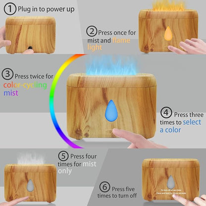 Flame Diffuser for Essential Oils, 200ml Ultrasonic Aroma Diffusers with Cool Mist, Aromatherapy Diffuser with Auto-Off Protection (Wooden Grain(7 Colors), Peppermint+Lavender+Tea Tree+Lemon)
