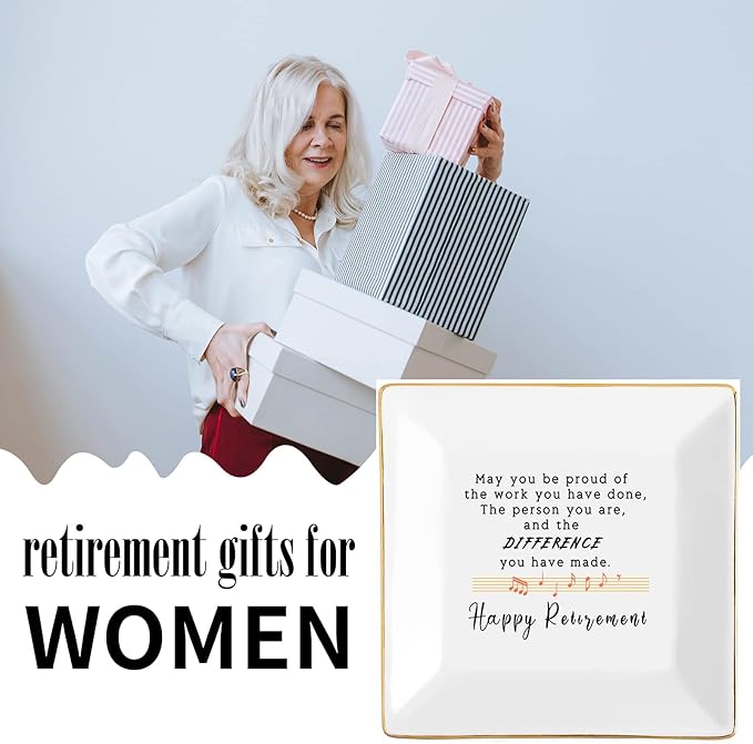 Retirement Gifts for Women 2022 Teacher Happy Retirement Decorations Party Appreciation Gift Female Nurse Friend Mom Coworker Boss Plaque Best Funny Jewelry Dish Personalized Trinket Tray Ring Plates
