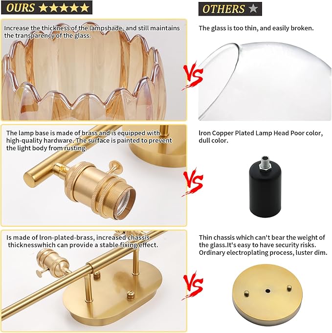 Bathroom Light Fixtures, 4-Light Brass Vanity Wall Light Over Mirror with Amber Tulip Glass Shade for Bedroom Living Room (Bulb Not Included)