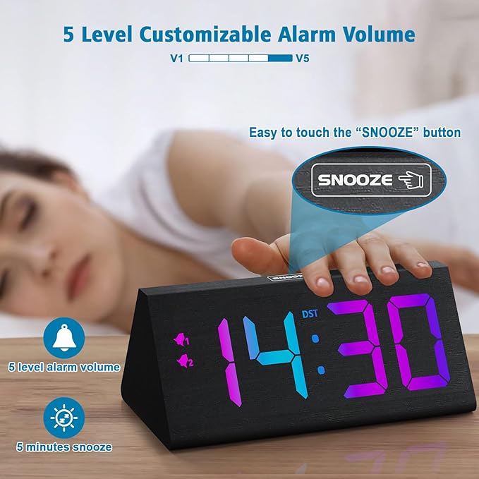 Wooden Digital Alarm Clock with Dual USB Charging Ports, DST, Dimmable, Snooze, RGB Colors, Modern Large Time Display LED Clock for Kids Bedrooms, Living Room, Desk, Table, Bedside, Nightstand (Black)