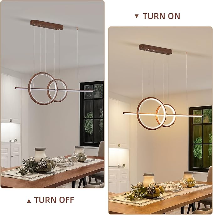 HEYAN 43" Farmhouse Pendant Light in Walnut Wood Finish, Light Fixtures Over Table，Double Multi-Faceted Metal Ring Long Linear Kitchen Island Lighting for Dining Room Table Coffee Bar Counter