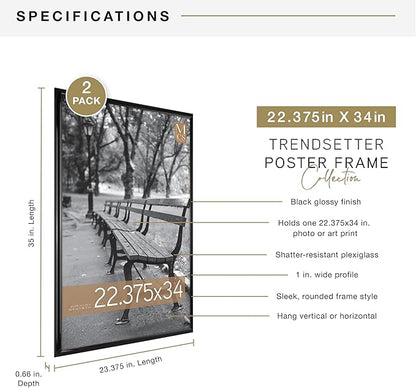 MCS Trendsetter 22.75x34 Poster Frame Black High-Gloss, Vertical & Horizontal Wall Hanging Large Picture Frame for Photos, Posters & Art Prints (2-Pack)