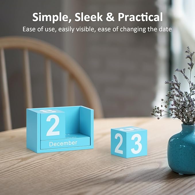 Wooden Block Calendar for Desk, Small Size Daily Desktop Perpetual Desk Calendar, Cute Date Display Desk Accessories for Home Office Decor, Teacher, Classroom, Reusable Yearly, Blue